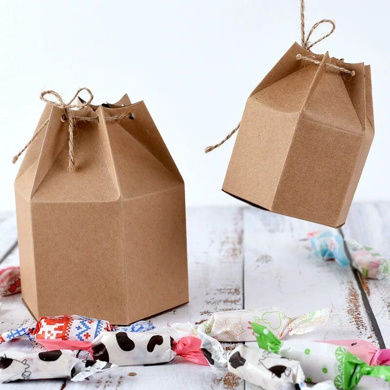 

50pcs New design small Kraft package cardboard paper box,lantern hexagon craft gift candy box wedding gift packaging craft box