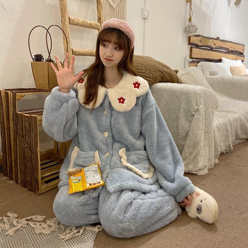 

Pajama Woman Winter New Korean Style Cute Cardigan Pajamas Loose Nightgown Coral Fleece Home Service Suit Pajama Set Women, Robe b