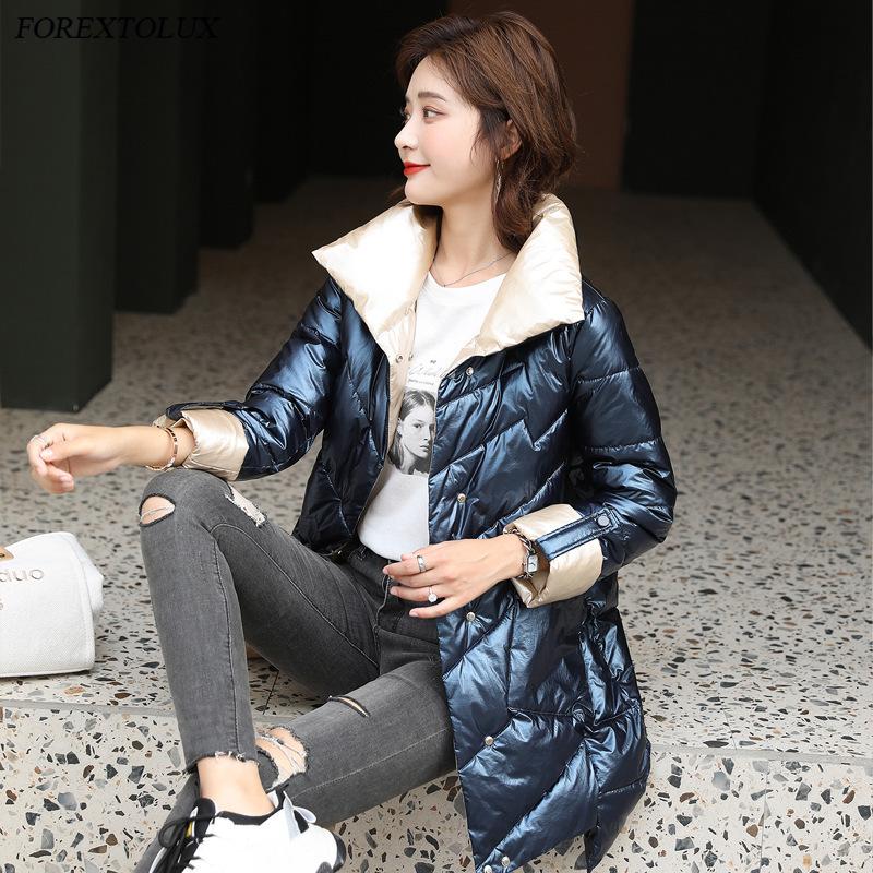 

Bright Cotton Wadded Parka Lining Jacket Women' Shiny Clothing Medium Length Thick Warm Button Zipper Coat Fashion 2021 Winter, Black