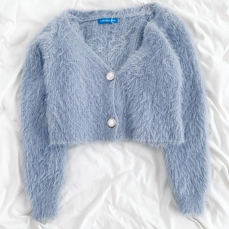

2020 New Autumn Winter Furry Short Cardigan Women Slim Long Sleeve Button Up Crop Sweater Ladies Knitted Crop Top1, Sky blue