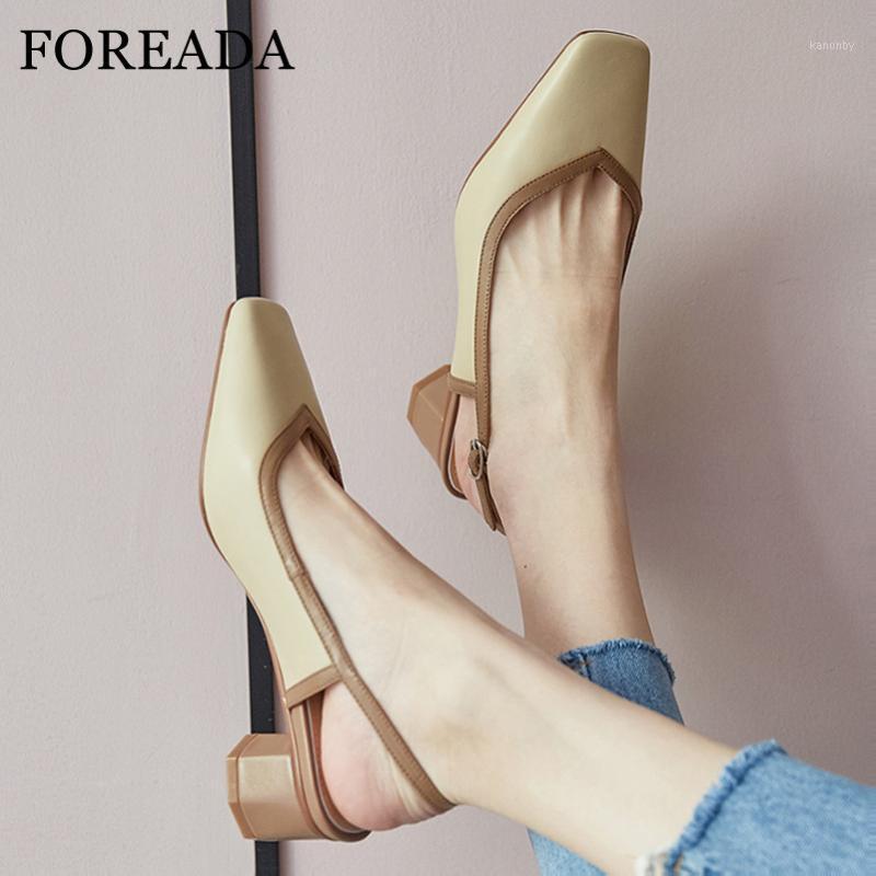 

FOREADA Natural Genuine Leather Med Heels Women Slingbacks Shoes Thick Heel Pumps Buckle Square Toe Ladies Footwear Yellow Blue1, Red