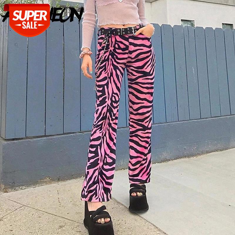 

ALLNeon Y2k Aesthetics Pink Zebra Printing Long Pants E-girl Punk Style Mid-waist Loosed Straight Pant 90s Streetwear Trousers #BS7i, Black;white