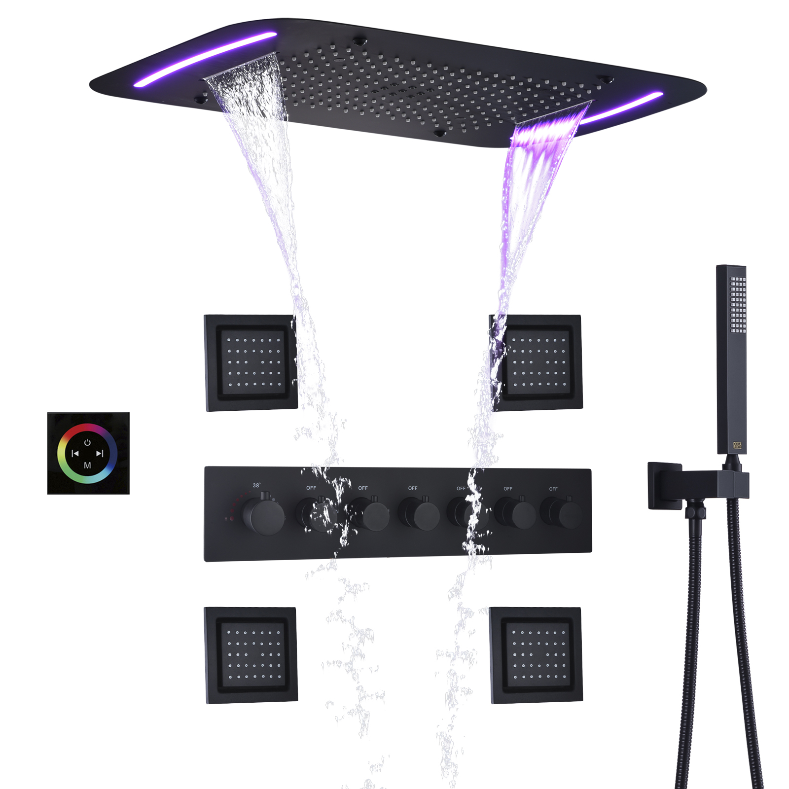 

DULABRAHE Thermostatic Bathroom Shower Faucet Set Waterfall Bath Mixer Panel Ceiling LED Rainfall Shower Head 71X43 CM Bath System