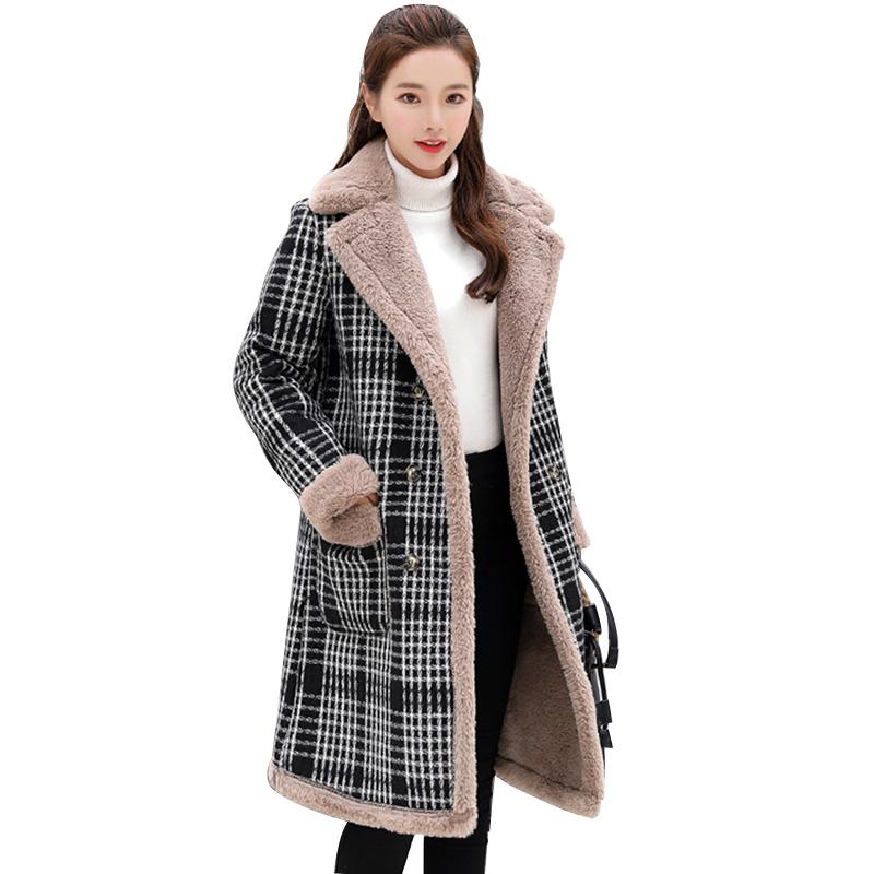 

Long Wool Coat Women Double Breasted Thicken Plaid Trench Outerwear Plus Velvet Warm Woolen Coat Fashion Winter Cashmere Jacket, Herringbone stripe