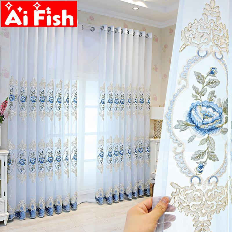 

Blue Peony Embroidered Window Screening Tulle Curtain for Living Room European Restaurant kichen deacoration Sheer Panel MY541#3, Sky blue