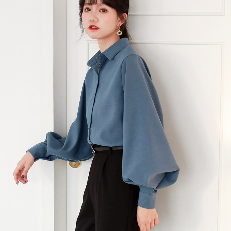 

2021 New Female solid color lapel chiffon fosco sleeve release single leisure hosed temperament amend bubble shirt OBRA, White