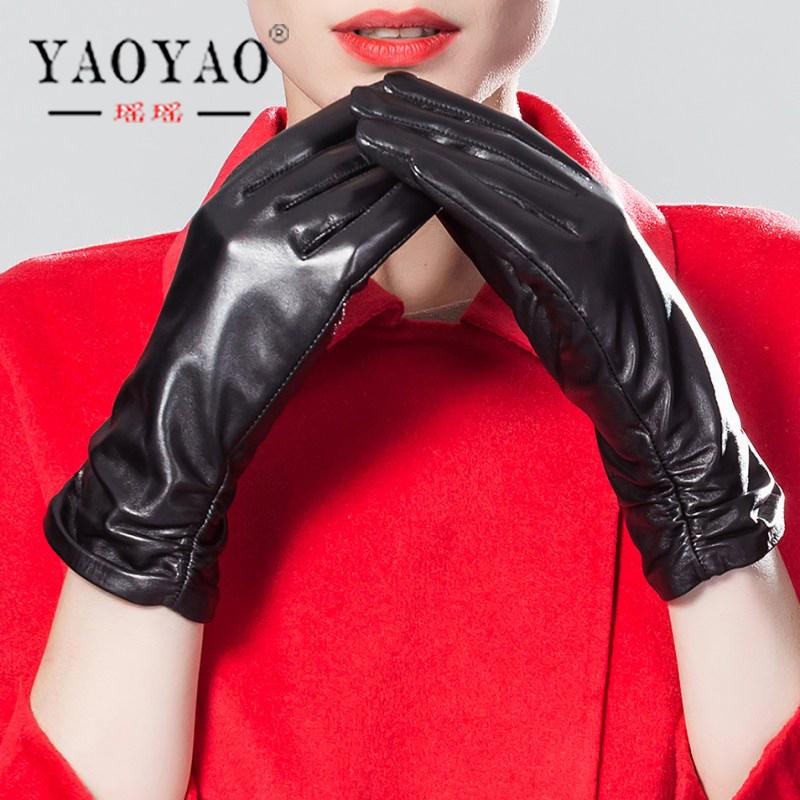 

Five Fingers Gloves YY8176 Ladies Arrival Spring/Autumn Genuine Leather Medium Long Thin/Thick Black Women Simple Commercial Ruffle Luvas