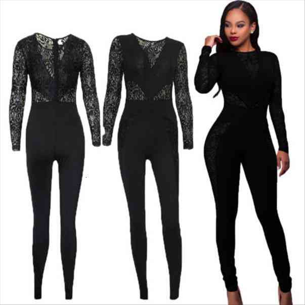 

Womens Slim Lace Patchwork Evening Party Playsuit Ladies Romper Long Jumpsuit Bodysuits Overalls Leotard Catsuit For Women, Black;white