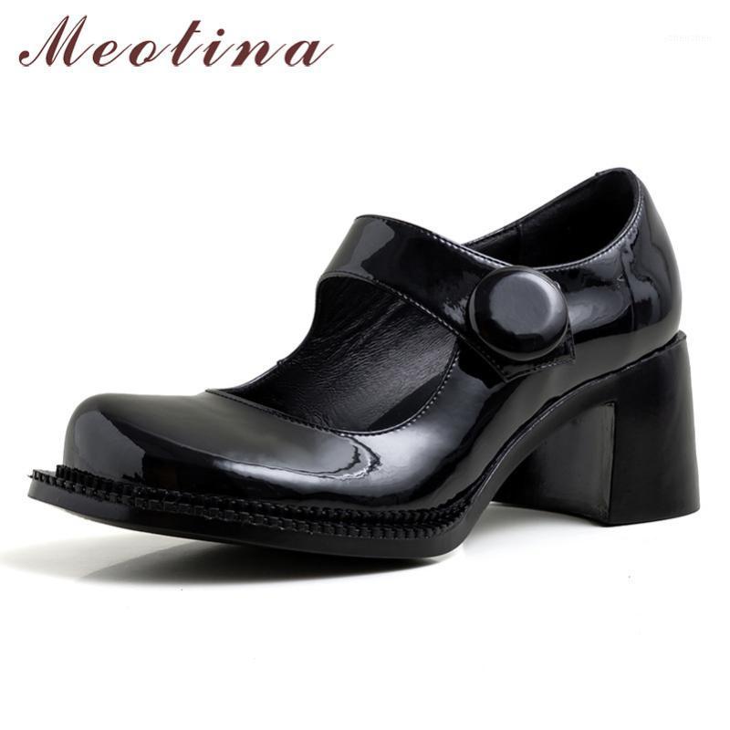 

Meotina High Heels Women Pumps Natural Genuine Leather Thick High Heels Mary Janes Shoes Patent Leather Round Toe Shoes Lady 391, Black patent leather