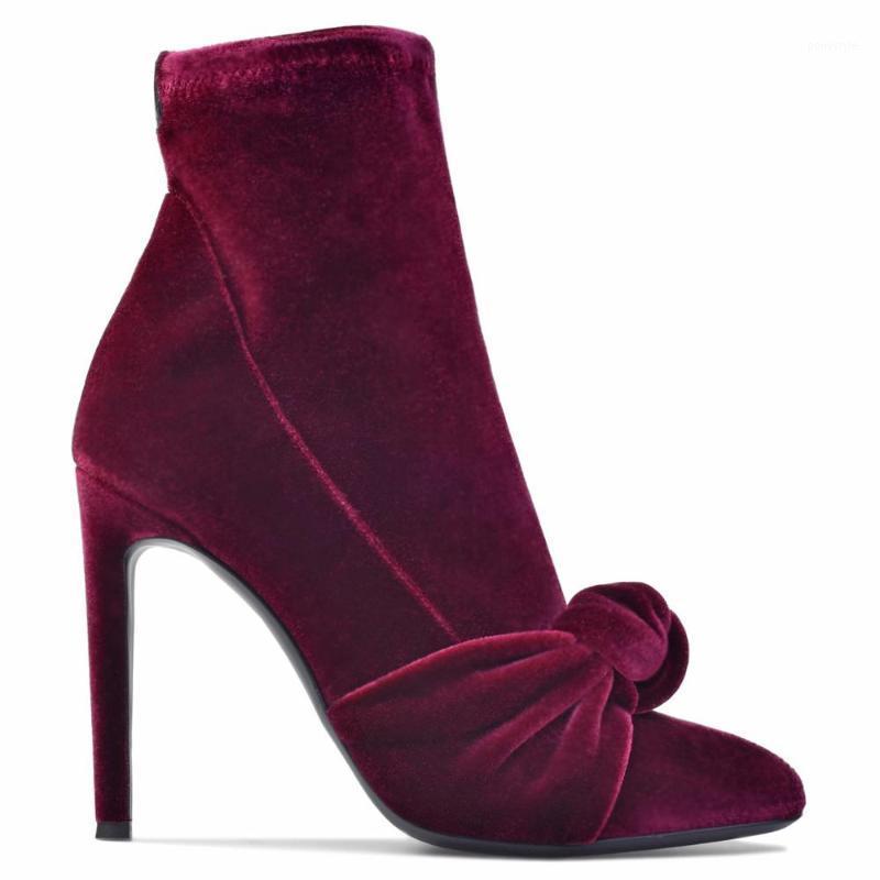 

Short Boots Women Velvet Party Dress Shoes Pointed Toe Fashion Knot Design Stlietto High Heels Wedding Booties 2020 Hot Winter1, Wine red