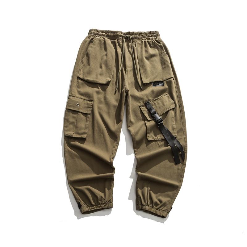 

Mens Cargo Pants Multi Pockets Japan Style Harajuku Cotton Outwear Fashion Straight Casual Trousers Male Adjustable Bottom, Khaki