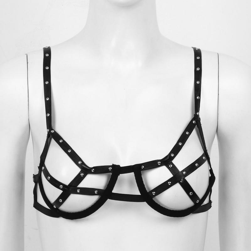

Womens Erotic Hollow Out Lingerie Elastic Shoulder Straps Rivets Belts Half Cups Underwired Bra Top, Black