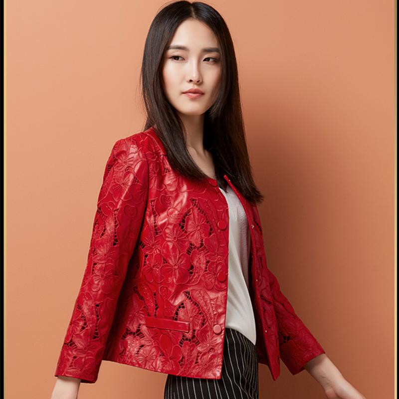 

Fashion Leather Coat 2020 real Women Genuine Leather Jacket Hollow Out Natural Sheepskin Coat For Women Red Real Jackets, As show