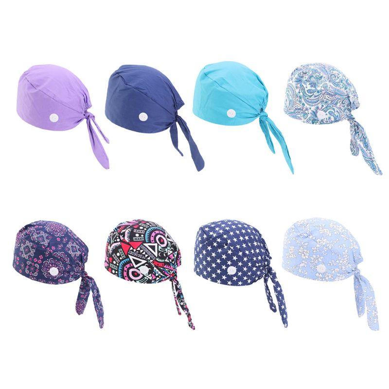 

Working Scrub Cap with Button Sweatband Star Paisley Floral Print Adjustable Tie Back Elastic Bouffant Hat Head Scarf