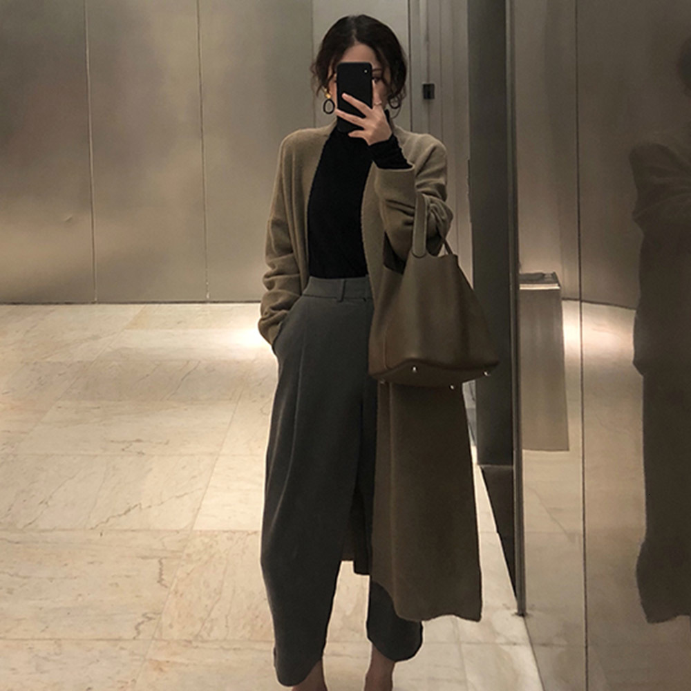

2021 New Korean Long Cardigan Fashion Harajuku Loose Knit Sweater Women Khaki Oversized Jacket Coat Autumn Winter W4KE, Beige