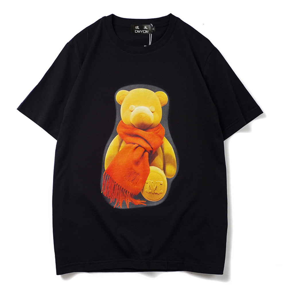 

Cute Scarf Bear Print Cotton Short Sleeve Men' Cartoon Parttern T-shirt Women Shirts|streetwear K0qg, Black
