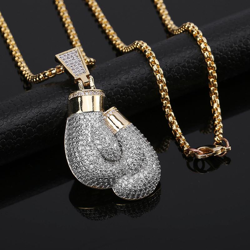 

Iced Out Bling Cubic Zircon Boxing Gloves Pendant Necklace Men'S Hip Hop Rock Jewelry Fashion Party Jewelry Gift