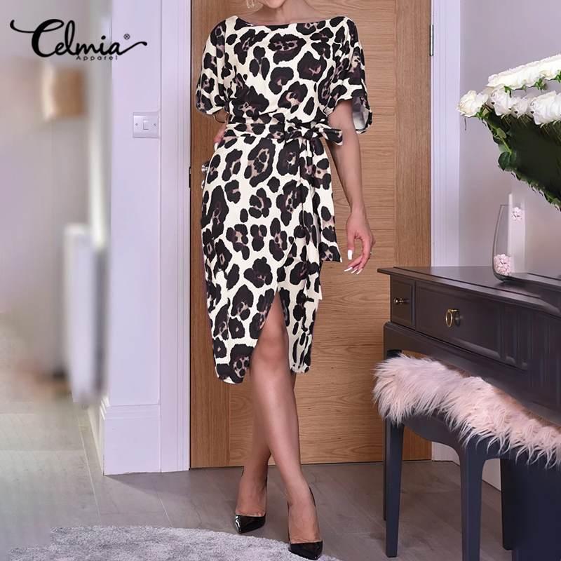 

Plus Size Celmia Sexy Women Belted Short Sleeve Dress Casual Split Bat Leopard Print Sundress Vintage Elegant Party Vestidos 7, Beige