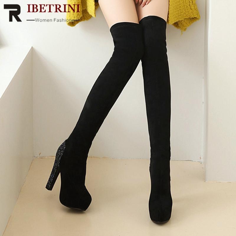 

RIBETRINI Brand New Quality Big Size 43 Stylish Winter Shoes Boots Women On Sale Platform High Heels Over The Knee Boot, Black