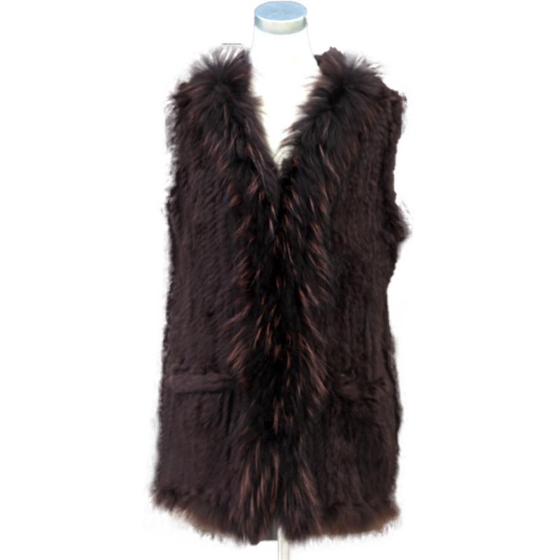 

Winter Fur Knit Hooded Light Grey Vest Coat Women Long Raccoon Hair Bottom Pocket Many Color Slim Fashion Sleeveless Coat, Picture 1