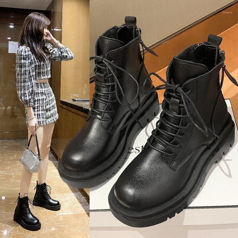 

Round Toe Rock Shoes Woman Lace Up Boots Boots-Women Flat Heel Luxury Designer 2020 Rubber Med Leather Autumn Elegant Fashion1