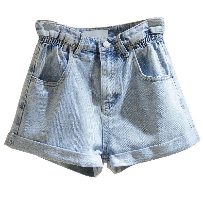 

2021 New Summer Woman Streetwear Blue Broad Leg Denim Women' Elastic Wasit Solid Color Jeans Shorts WZCF, Light blue.
