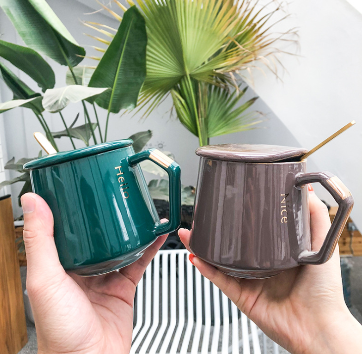 

Korean version of gold with lid spoon ceramic cup business office coffee mug men and women art water cup Harajuku cup, Customize