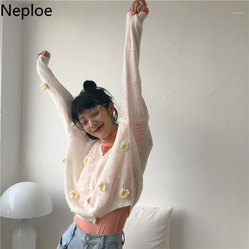 

Neploe Korean Chic Heavy Work Flower Patchwork Outwear Cardigan Sweater V Neck Single Breast Hollow Out Long Sleeve Coat Summer1, Photo color