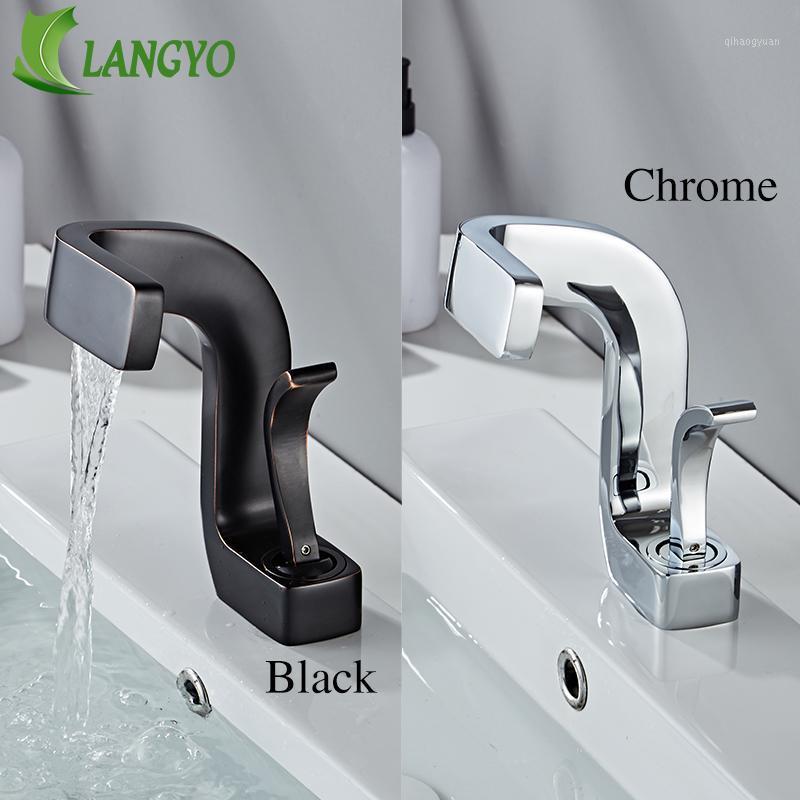 

LANGYO Bathroom Sink Waterfall Faucet Black/Chrome Water Taps Single Handle Creative Deck Mount Cold Hot Mixer Faucet 2020A1191