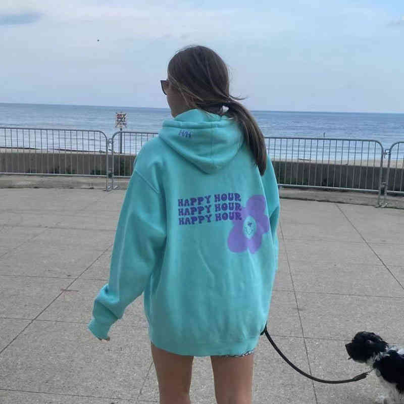 

Women's Hoodies & Sweatshirts College style sweater female student Plush Tiffany blue letter Print Long Sleeve hat casual fashion JH8W