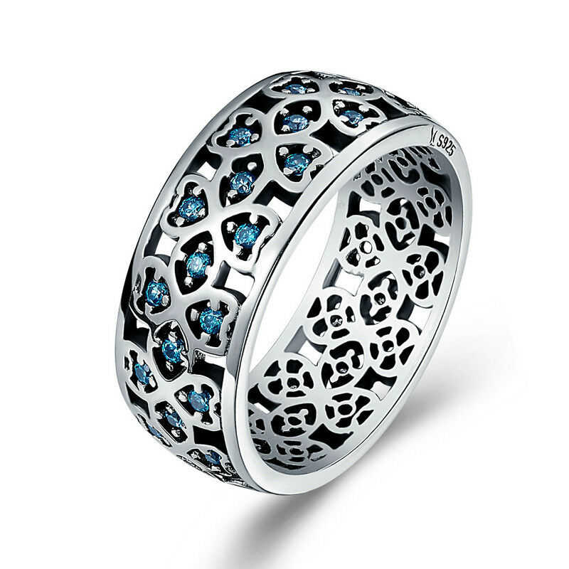 

Four-Leaf Solid 925 Sterling Silver Women Ring Blue CZ Space Wide Wrap Band