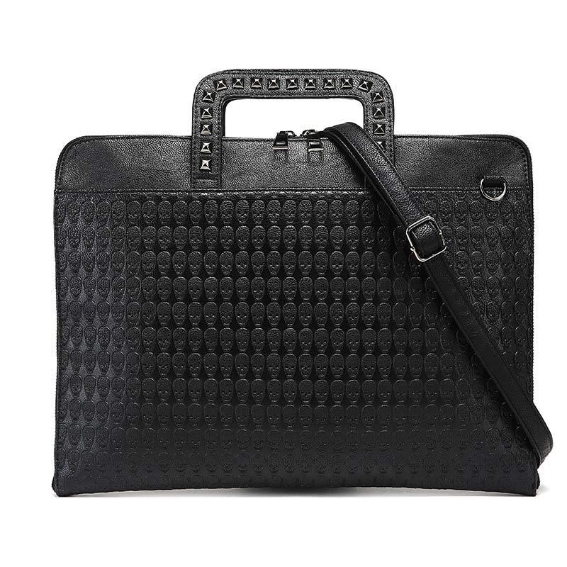 

Designer skull Rivet Briefcase Men Brand PU Leather handbags Women Solid Black shoulder bag male Large Casual Tote 2020