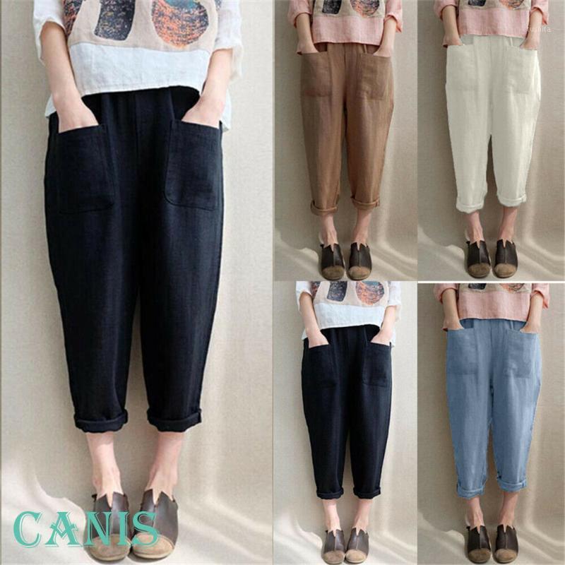

HOT Women Summer Cotton Linen Elastic Waist Loose Ladies Casual Pants Trousers1, Black