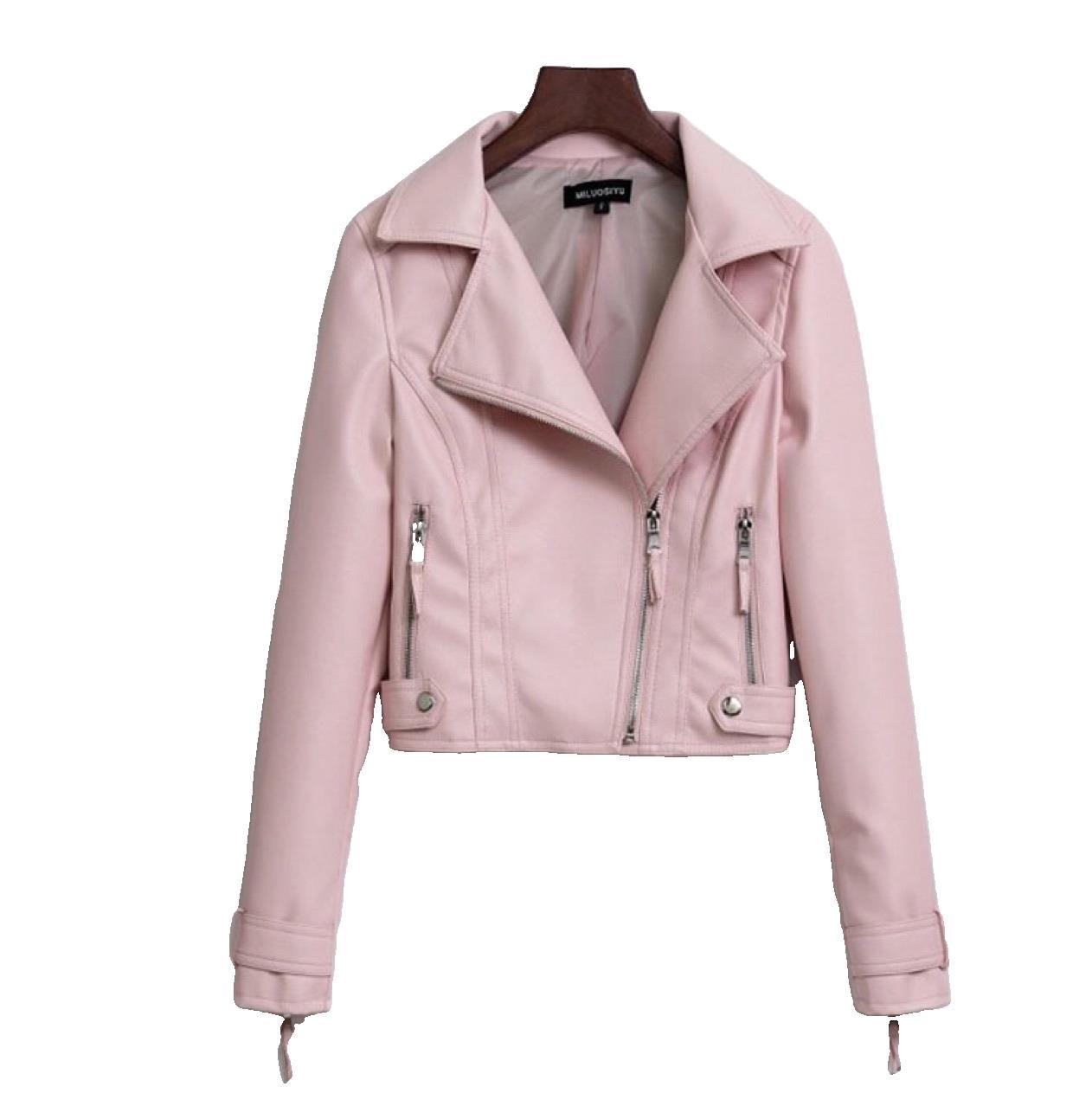 2020 New Women's Jacket Autumn PU Small Leather Short Slim Solid Color Motorcycle Clip Overcoming Lapel Jacket Size S-XL