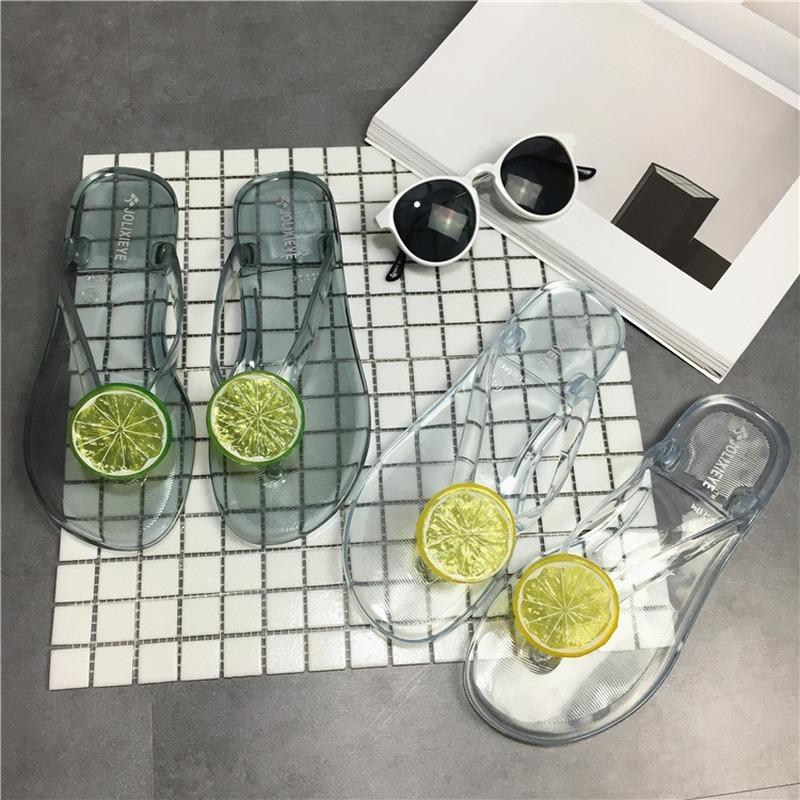 

2021 Korean Summer New Style Jelly Transparent Woman Flip Flops Fruit Lemon Flip-flops Couple Fashion Beach Sandals, Green