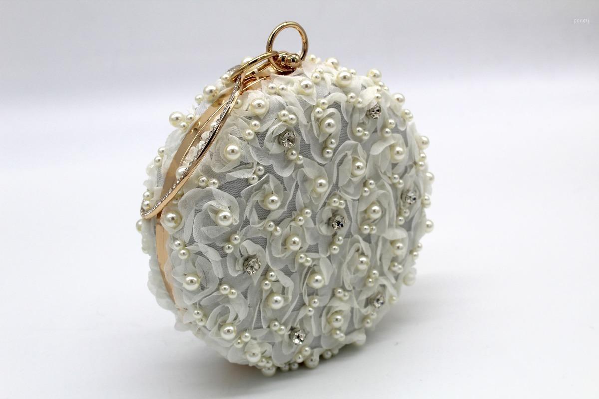 

2020 New Korean Dinner Bag Women's Round Flower Beaded Lady Clutch1, White