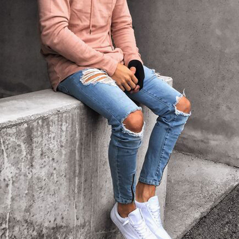 

Biking Brem 2020 New Thin Hole Solid Color Worn Men's Fashion Street Light Feet Size S-xxxl 3xl Pants 8gmc, Light blue