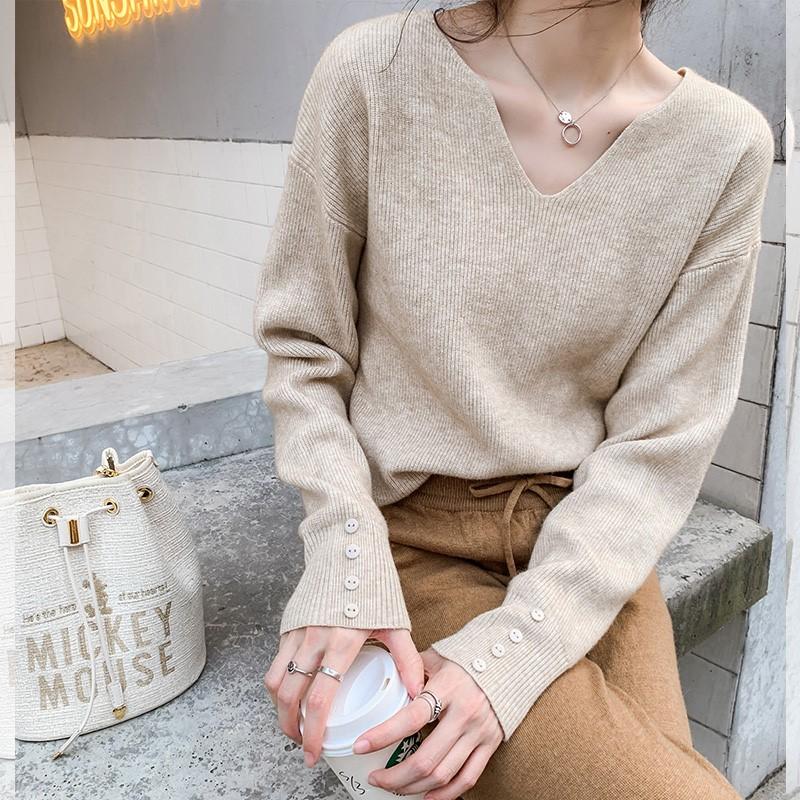 

2021 Women Autumn Elegant V Neck Beige Basic Sweater Full Sleeve Knitted Pullovers Casual Jumpers slim cut, Black