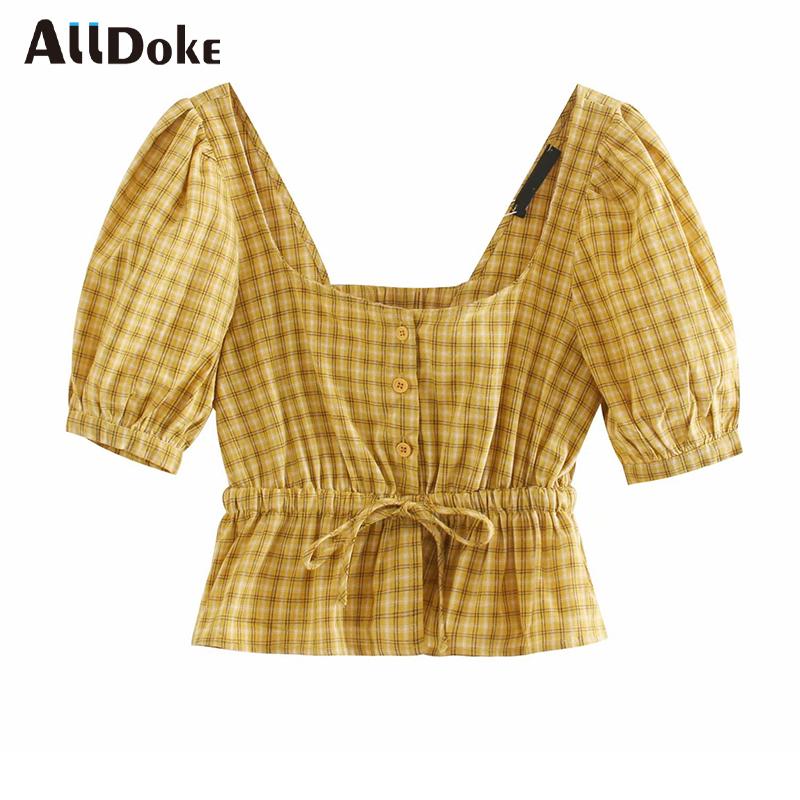 

ALLDOKE vintage plaid lace up blouse women summer square collar puff sleeve crop tops shirt ladies casual blouses blusas mujer, Yellow