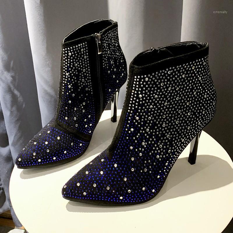 

Shiny Crystal Tube Short Boots Women Shoes Autumn Thin Heel Ankle Boots for Women High Heels Zipper Party Shoes for Botas1, Black-9cm