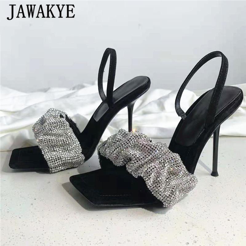 

Crystal Pleated Band High Heels Sandals Women Party Shoes Real Leather Back Strap Women Shoes Sexy Open Toe Black Banquet Sandal