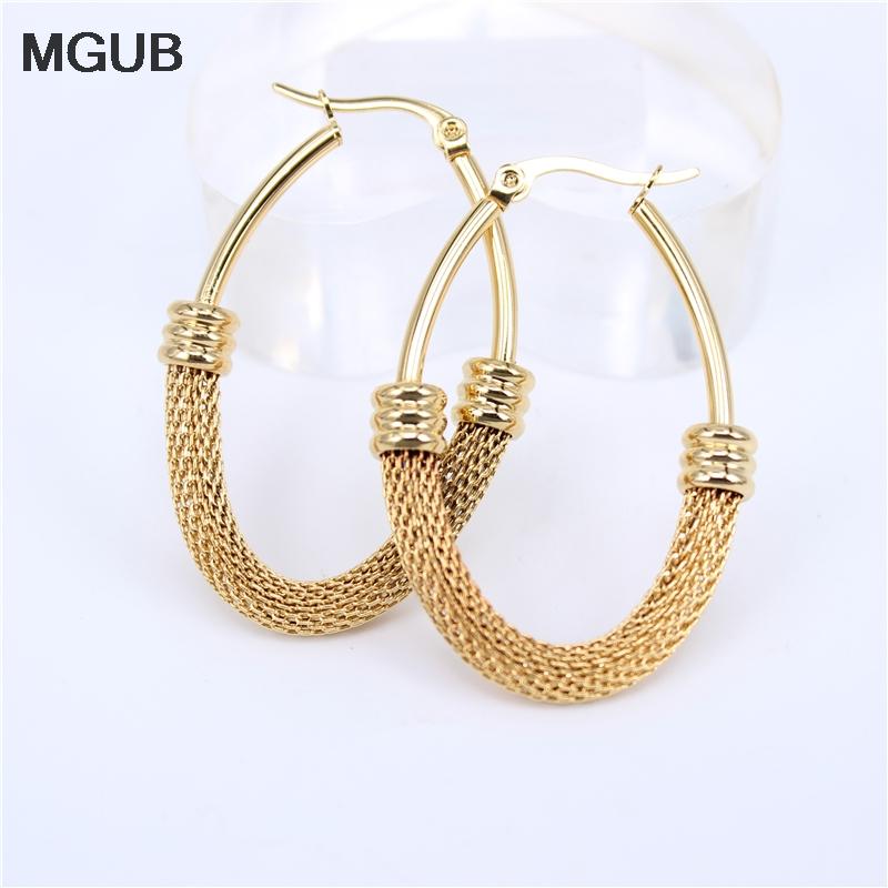 

Mesh Oval gold color 316L stainless steel Hoop earrings female popular fashion Wear 40-50mm Diameter wholesale LH447