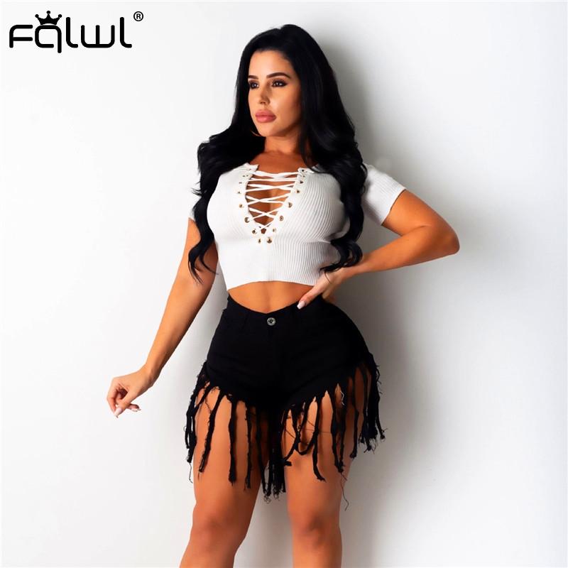 

FQLWL White Ribbed Knitted Summer T Shirt Women Pulovers Bandage Sexy Tshirt Women Crop Top Female Casual Ladies Bodycon T-shirt, Navy blue