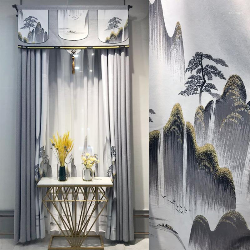 

Bedroom New Chinese-Style Printed Curtains for Living Room Bedroom Stitching Shade Curtains Cotton and Linen Gray Landscape1, Tulle