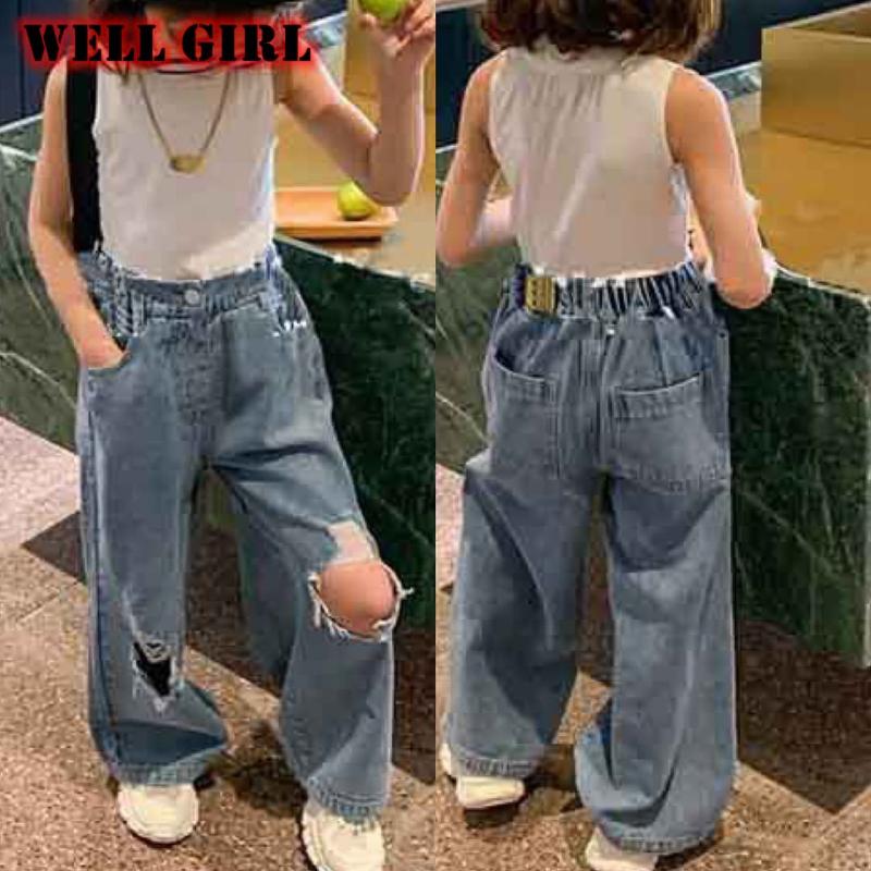 

Children Fashion Jeans Pants Girls High Waist Wide Leg Pants Denim Trousers Hollow Out Holes Streetwear Ripped 3 To 8 Years Old, Blue