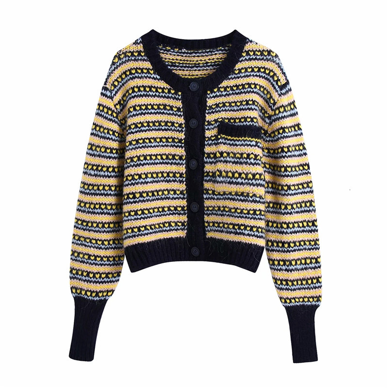 

New Woman Yellow Striped Knitted Crop Sweater Women 2021 Vintage Jacquard Pocket Long Sleeve Button-down Cardigan 6l48