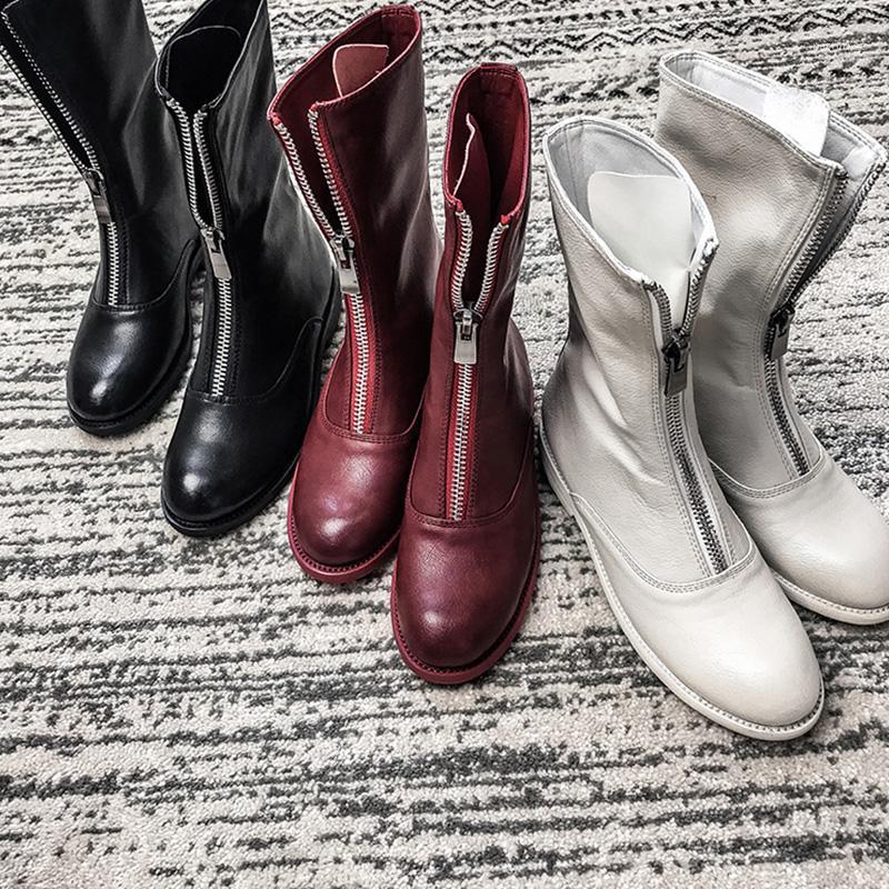 

Boots Female Retro Genuine Leather Round Toe Thick Bottom Middle Tube Front Zipper Red Thin Boots Tide 2020 Autumn New1, As pic
