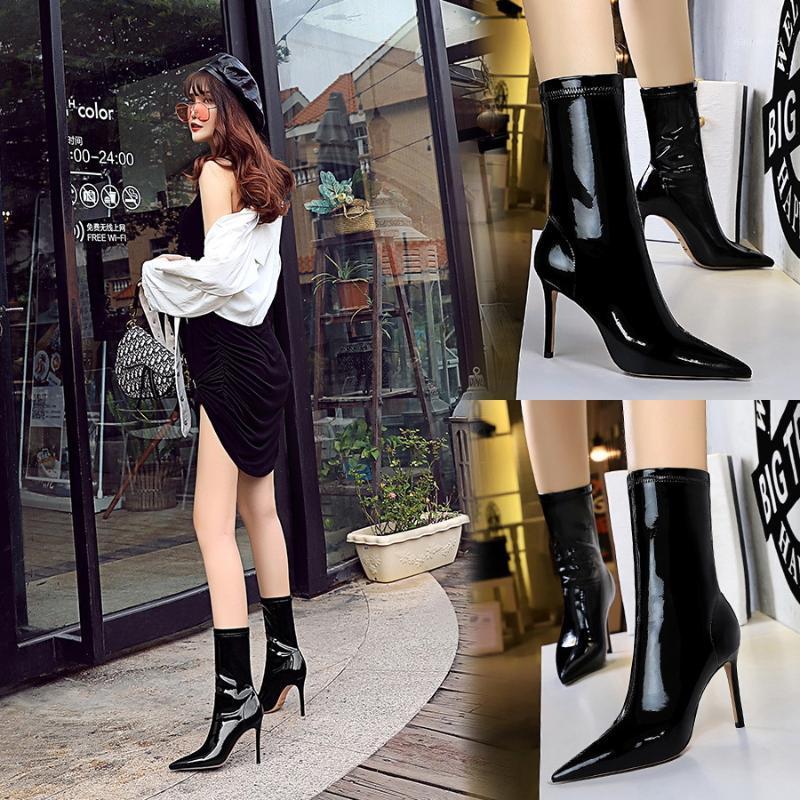 

Bigtree Sexy Women Ankle Boots Fashion Patent Leather High Heels Pointed Toe Ladies Party Boots Warm Plush Short Black1, Fur-shortblack