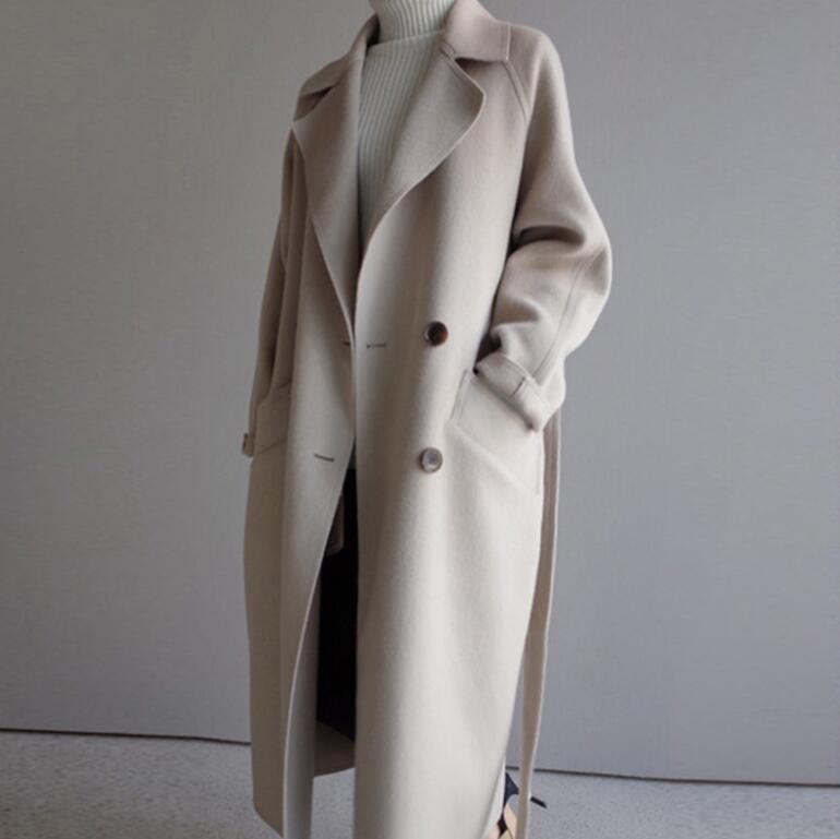 

New Winter Coat Women Wide Lapel Belt Pocket Wool Blend Coat Oversize Long Trench Outwear Wool Women Free Shipping, Black