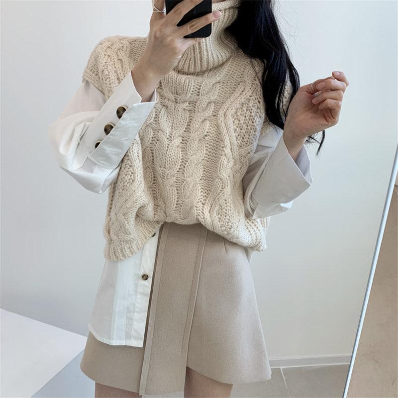 

Hot Gentle Knitted Turtleneck Twisted Sleeveless Sweet All Match 2021 Chic Thin Vest Loose Women Cute Waistcoats, Black